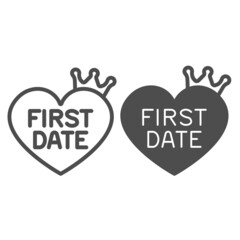 Heart with crown and inscription first date line and solid icon, dating concept, romantic vector sign on white background, outline style icon for mobile concept and web design. Vector graphics.