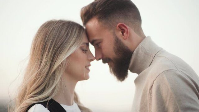 Close Up Of Loving Couple Touching Forehead Enjoying Tenderness