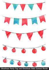 Obraz premium Party flag and Christmas balls garland watercolor border for decoration on Christmas holiday events.
