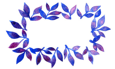 Mythical blue leaves frame watercolor for decoration on night party, beauty, winter season and mythical concept.