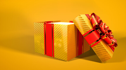 opened decorated golden and red gift box on orange background - object 3D rendering