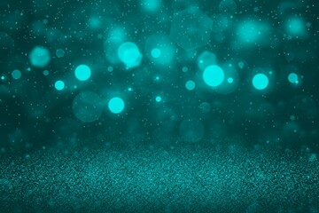 light blue cute brilliant glitter lights defocused bokeh abstract background with falling snow flakes fly, festive mockup texture with blank space for your content