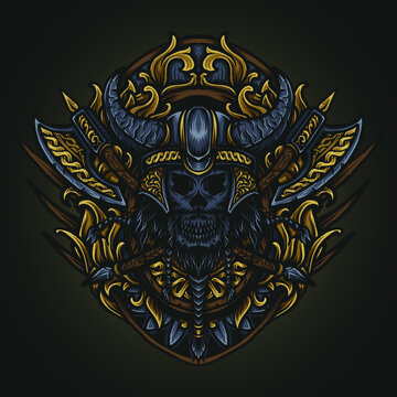 artwork illustration and t shirt design  viking skull  engraving ornament