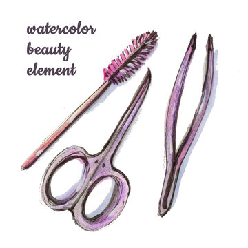 Watercolor abstract hand drawing Makeup tools set. Watercolour Make-up brush, tweezers and scissors forming by blots on white background. Gradient violet and purple and orange colors