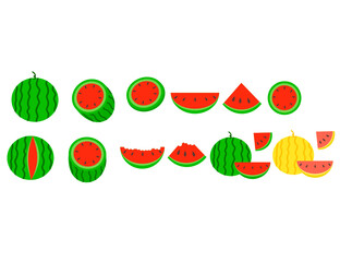 Set of whole and slices watermelon.Green and yellow fruits.Sign, symbol, icon or logo isolated.Flat design.Clipart.Water melon cartoon.Fresh and juicy.Summer concept.Vector illustration.