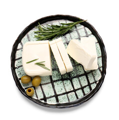 Plate with cut feta cheese, olives and rosemary on white background
