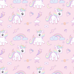 Cute  unicorn decorated with rainbow, diamond, heart shape and cloud seamless pattern on sky blue background.