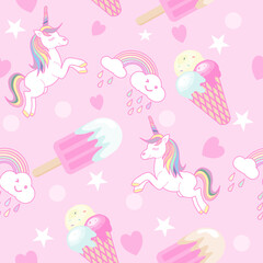 Vector pattern with cute unicorns, ice cream, polka dot,heart  and stars on pink background