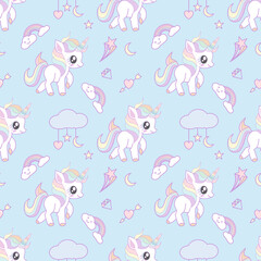 Cute  unicorn decorated with rainbow, diamond, heart shape and cloud seamless pattern on sky blue background.