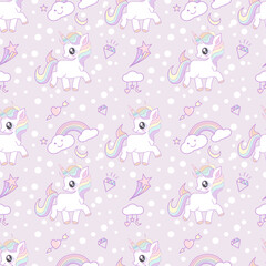 Cute  unicorn seamless pattern decorated with rainbow, diamond, heart shape, star and  on dark purple   background