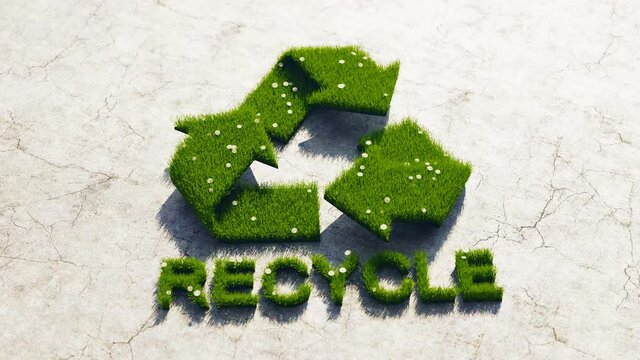 Green grass shaped in 3D recycle icon. Recycling sign with arrows. Ecology.