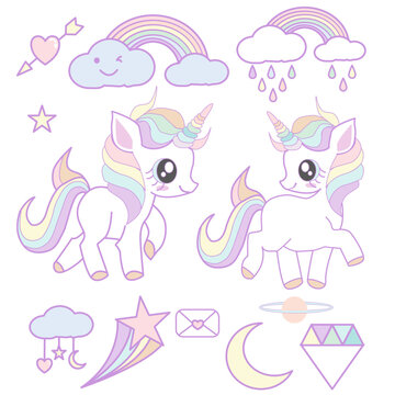 Cute unicorn element and cute items vector
