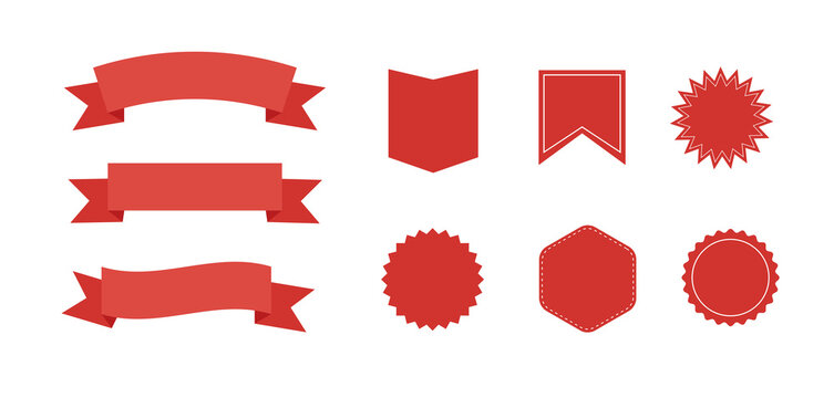 Ribbons banners. Set of red starburst. Red blank promo stickers. Sunburst badges, labels, sale tags. Vector illustration