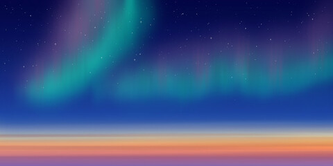 Fantasy on the theme of the northern landscape. Sunset and polar lights. Vector illustration, EPS10