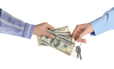 Female hands with money and keys from house with keychain on white background
