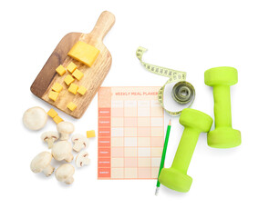 Meal plan with healthy products, measuring tape and dumbbells on white background