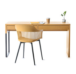 Wooden table with notebooks, paper cup of coffee, houseplant and chair on white background