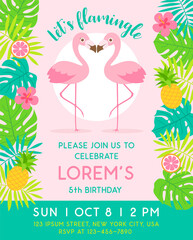 Flamingo couple and tropical leaf illustration for party invitation card template.