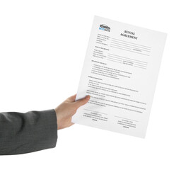 Female hand with rental agreement on white background, closeup