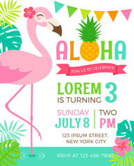 Cute flamingo with border of tropical leaf illustration for party invitation card template. - obrazy, fototapety, plakaty