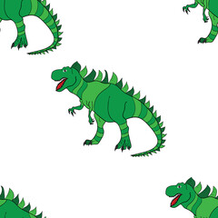 Geometric seamless pattern with dinosaurs. Colored lizard-like dinosaurs for packaging or clothing. Saurischian dinosaurs.