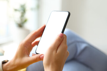 Woman using mobile phone with blank screen, closeup