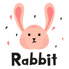 Childrens hand drawn poster with pink rabbit and stars. The illustration is suitable for, postcard, print, poster, label.