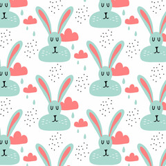Childish hand-drawn seamless pattern with blue rabbit. Cute pattern with a hare. The pattern is suitable for wrapping thought, textiles, prints.