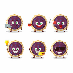 Blueberry pie cartoon character with various types of business emoticons