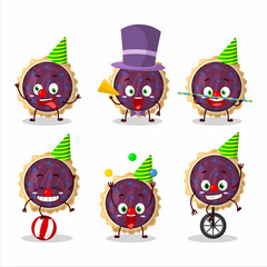 Cartoon character of blueberry pie with various circus shows