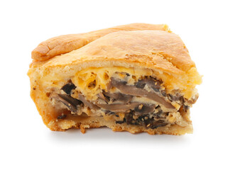 Piece of tasty mushroom pot pie on white background