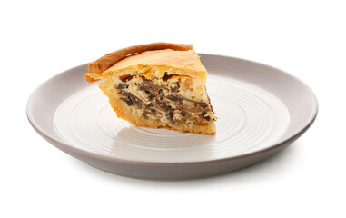 Plate with piece of tasty mushroom pot pie on white background