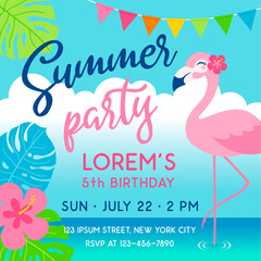 Cute flamingo with sea and sky background illustration for party invitation card template. © NTRdesign