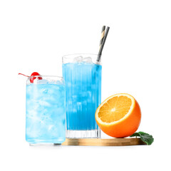 Glass of Blue Lagoon cocktail on white background