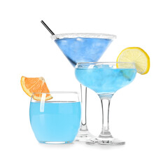 Glasses of Blue Lagoon cocktail on white background