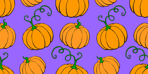 Vector seamless pattern with orange pumpkins with mustache. Halloween or thanksgiving background and texture