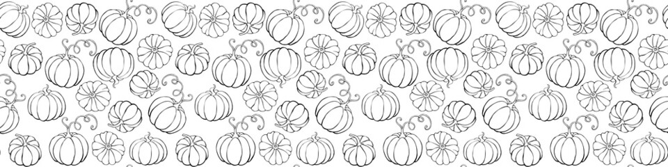 Vector seamless pattern with outline pumpkins in doodle style. Halloween or thanksgiving background and texture