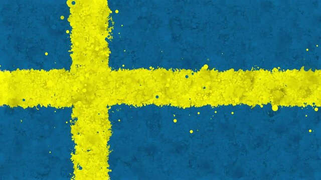 Colorful animation of the flag of Sweden, gradually emerging from a moving swirling cloud consisting of many colorful small particles. The particles rotate to form the national flag of Sweden.