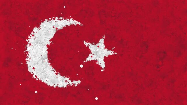 Colorful animation of the flag of Turkey, gradually emerging from a moving swirling cloud consisting of many colorful small particles. The particles rotate, forming the national flag of Turkey.