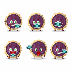 Photographer profession emoticon with blueberry pie cartoon character