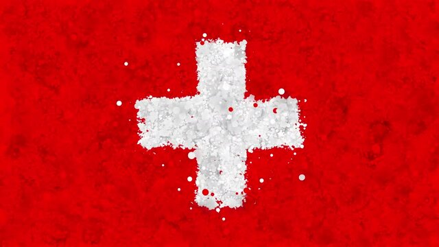 Colorful animation of the Swiss flag gradually emerging from a moving swirling cloud consisting of many colorful small particles. The particles rotate to form the Swiss national flag.
