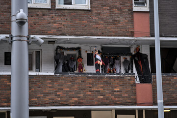 Beautiful and spooky Halloween decor on long balcony of house in Dublin City Centre. Halloween 2021 decoration, Dublin, Ireland