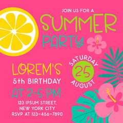 Colorful tropical summer illustration for party invitation card template