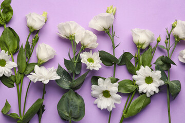 Beautiful white flowers on lilac background, closeup