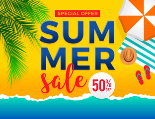 Top view of summer elements illustration for sale banner, poster, flyer, invitation card template.