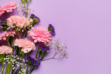 Bouquet of beautiful flowers on lilac background, closeup