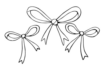 Set of vector outline bows, ribbons. Doodles, coloring book, hand drawn. Simple clip art for Easter xmas birthday Valentines Day, girls design - obrazy, fototapety, plakaty