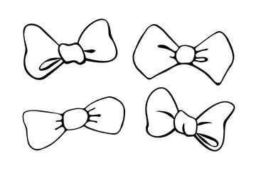 Set of vector outline bows, ribbons. Doodles, coloring book, hand drawn. Simple clip art for Easter xmas birthday Valentines Day, girls design