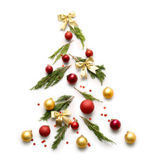 Christmas tree made of coniferous branches and decorations isolated on white background