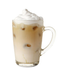 Glass cup of iced hojicha latte on white background